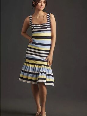 Anthropologie Maeve Sleeveless Square-Neck Flutter-Hem Midi Dress XXS Striped